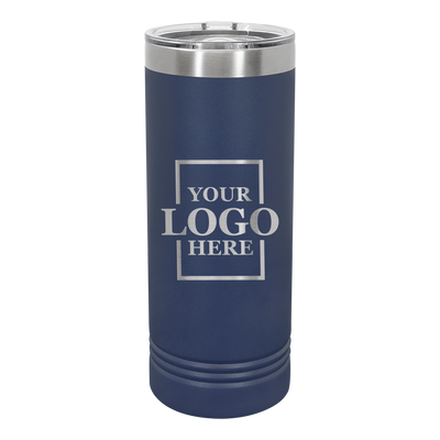 Real Estate logo branded 22 oz skinny tumbler in navy with silver engraving