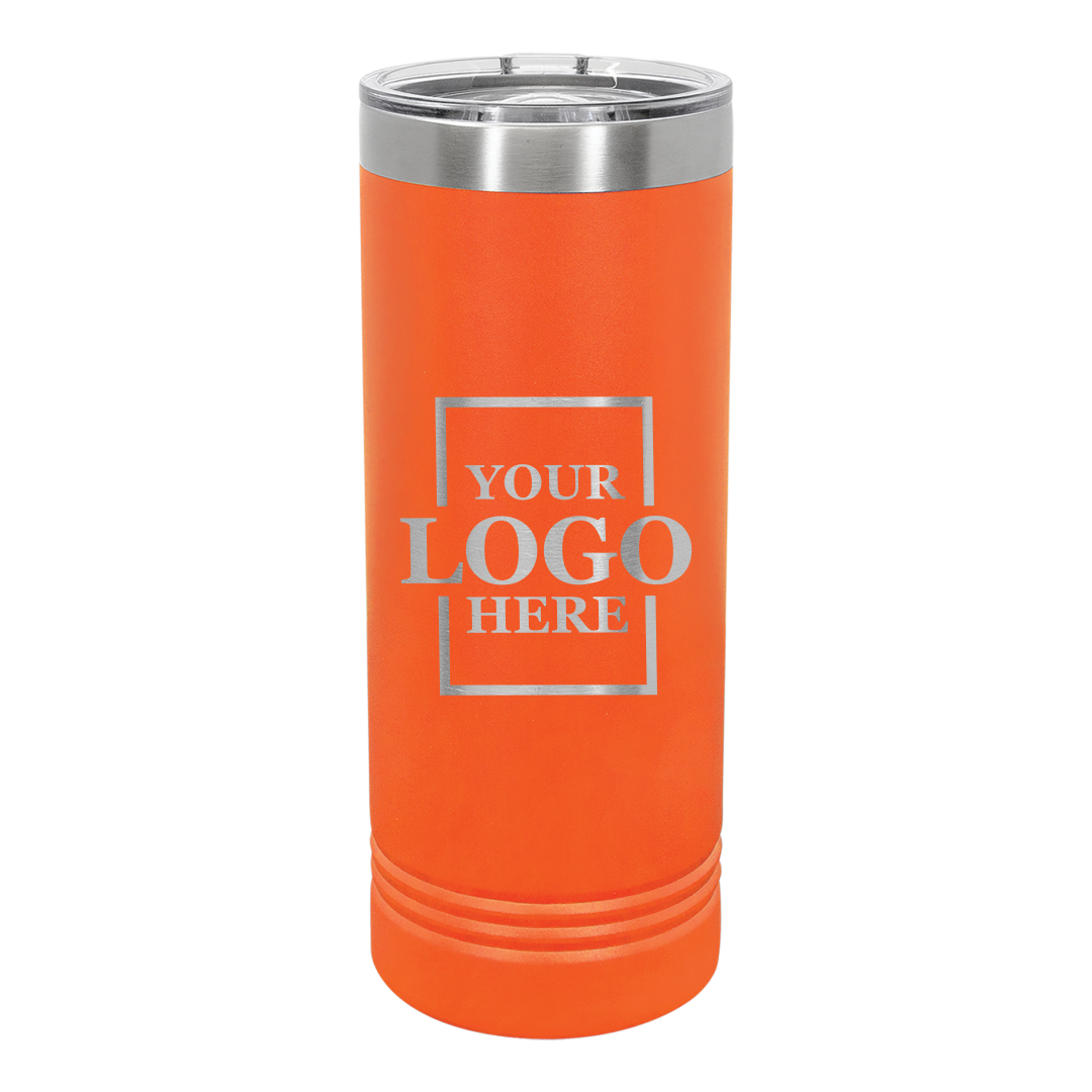 Real Estate logo branded 22 oz skinny tumbler in orange with silver engraving