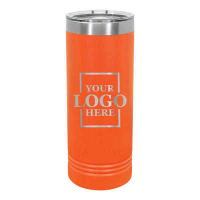 Real Estate logo branded 22 oz skinny tumbler in orange with silver engraving