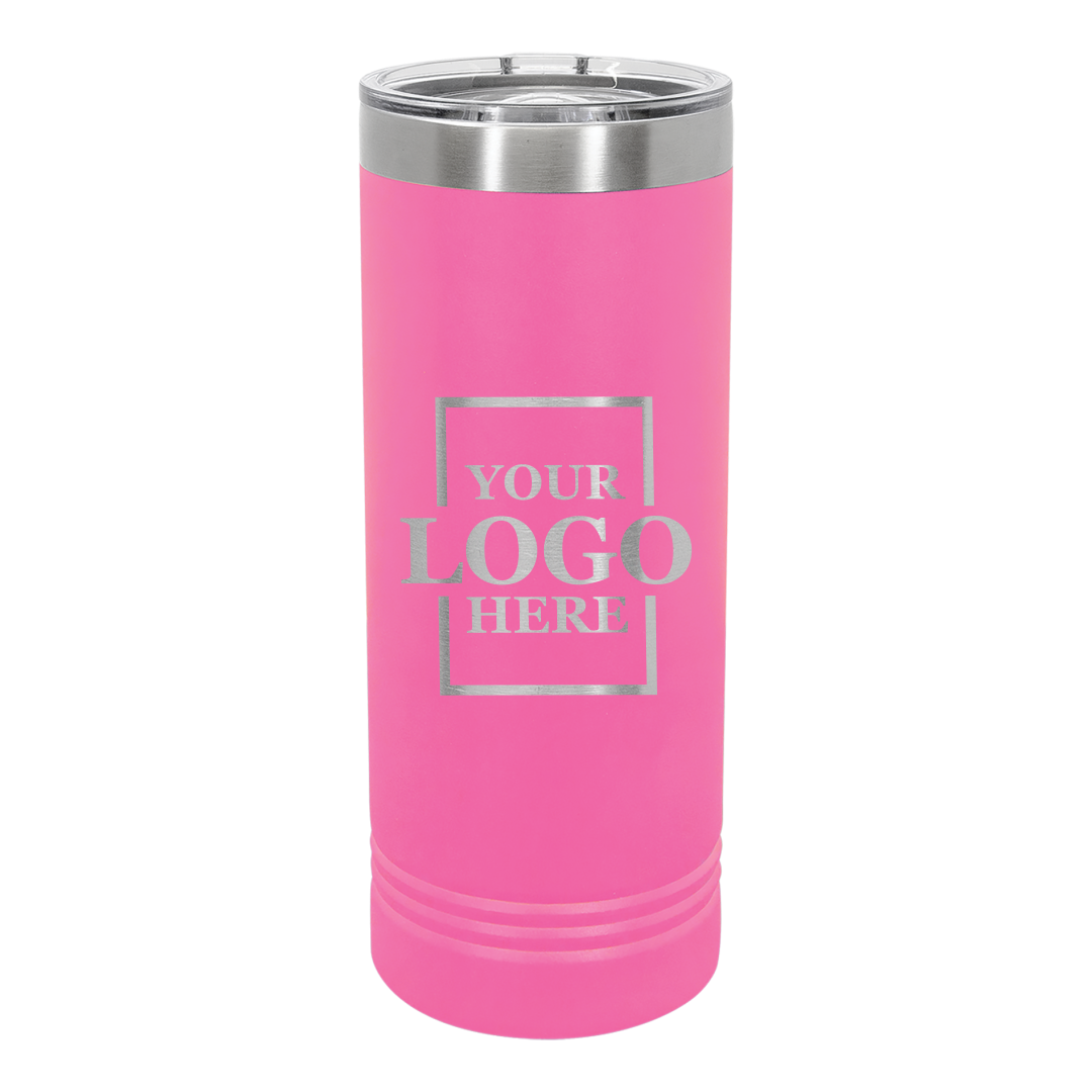 Real Estate logo branded 22 oz skinny tumbler in pink with silver engraving