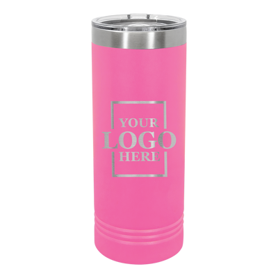 Real Estate logo branded 22 oz skinny tumbler in pink with silver engraving