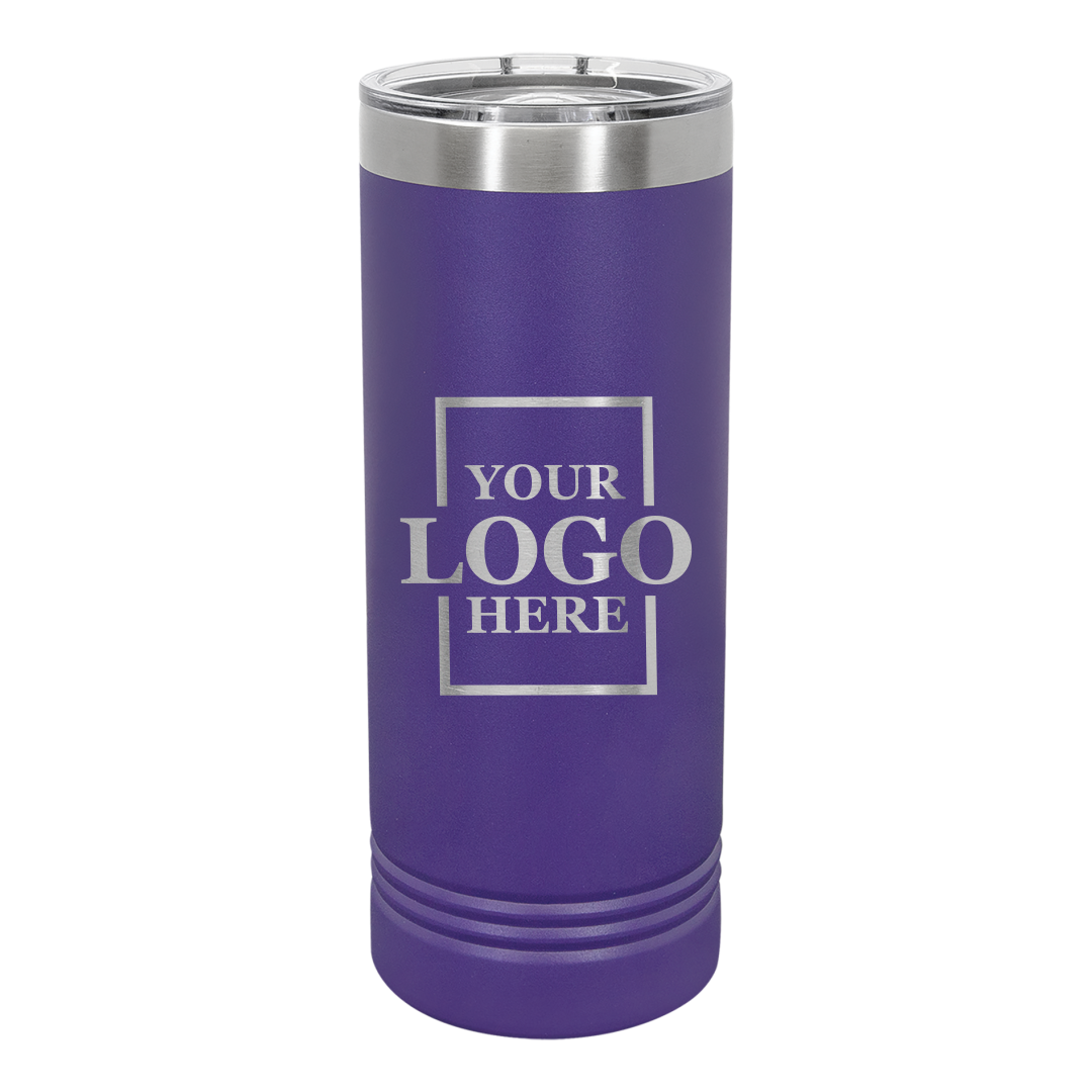 Real Estate logo branded 22 oz skinny tumbler in purple with silver engraving