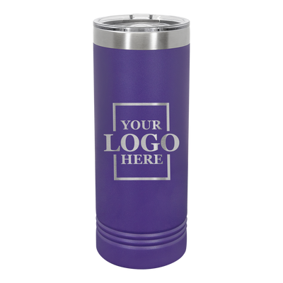 Real Estate logo branded 22 oz skinny tumbler in purple with silver engraving