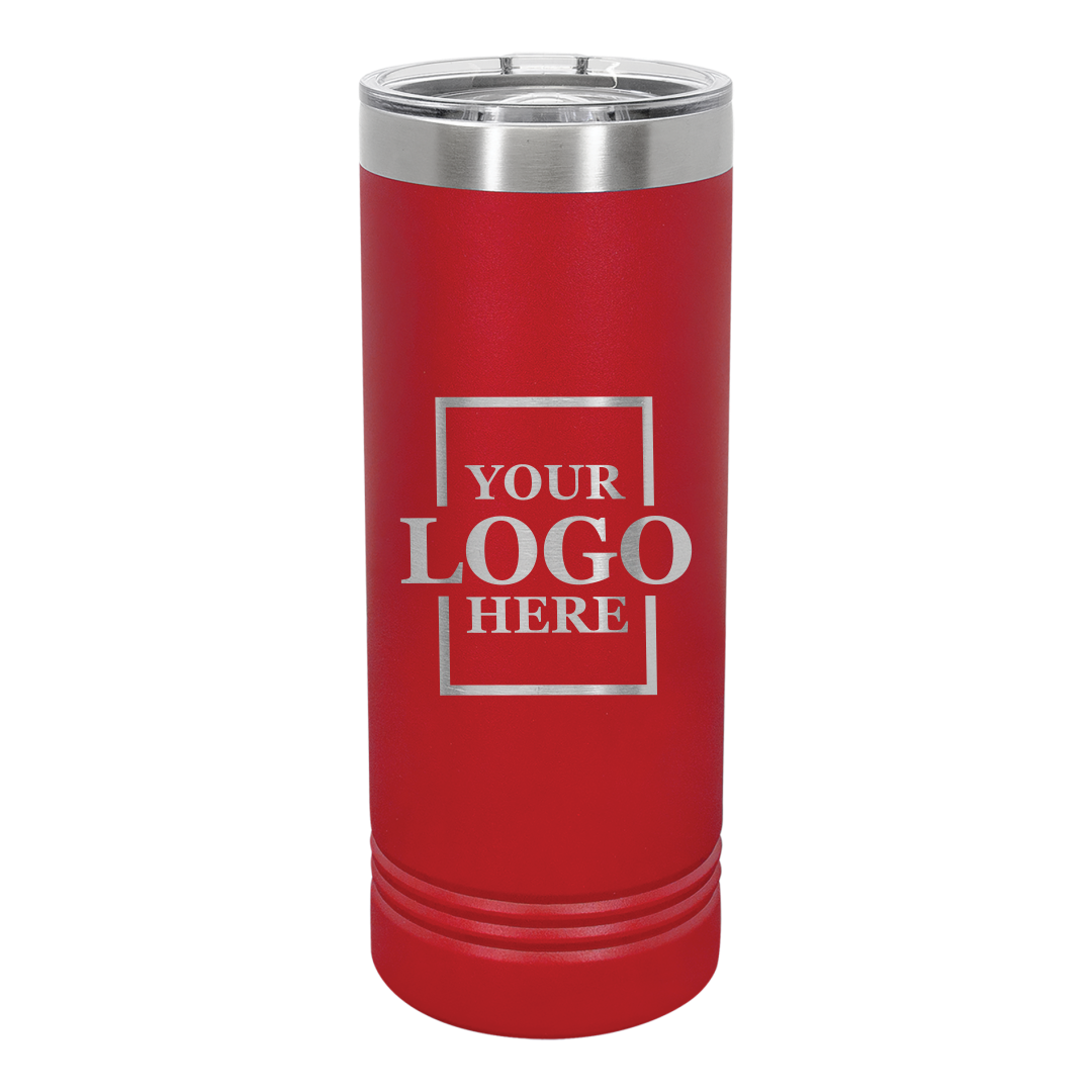 Real Estate logo branded 22 oz skinny tumbler in red with silver engraving