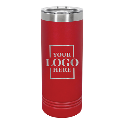 Real Estate logo branded 22 oz skinny tumbler in red with silver engraving