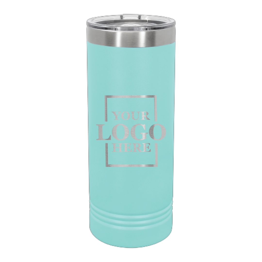 Real Estate logo branded 22 oz skinny tumbler in teal with silver engraving