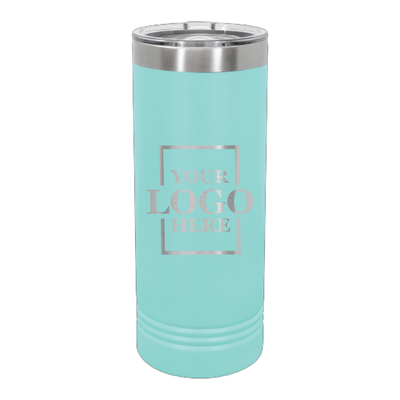 Real Estate logo branded 22 oz skinny tumbler in teal with silver engraving