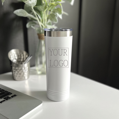 Real Estate logo branded 22 oz skinny tumbler in white with silver engraving