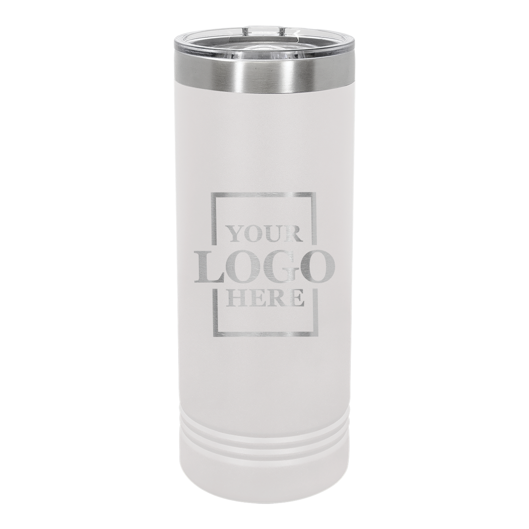 Real Estate logo branded 22 oz skinny tumbler in white with silver engraving