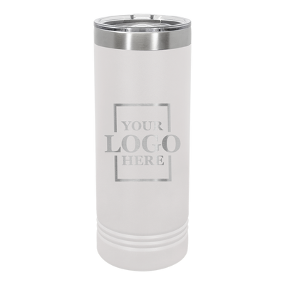 Real Estate logo branded 22 oz skinny tumbler in white with silver engraving