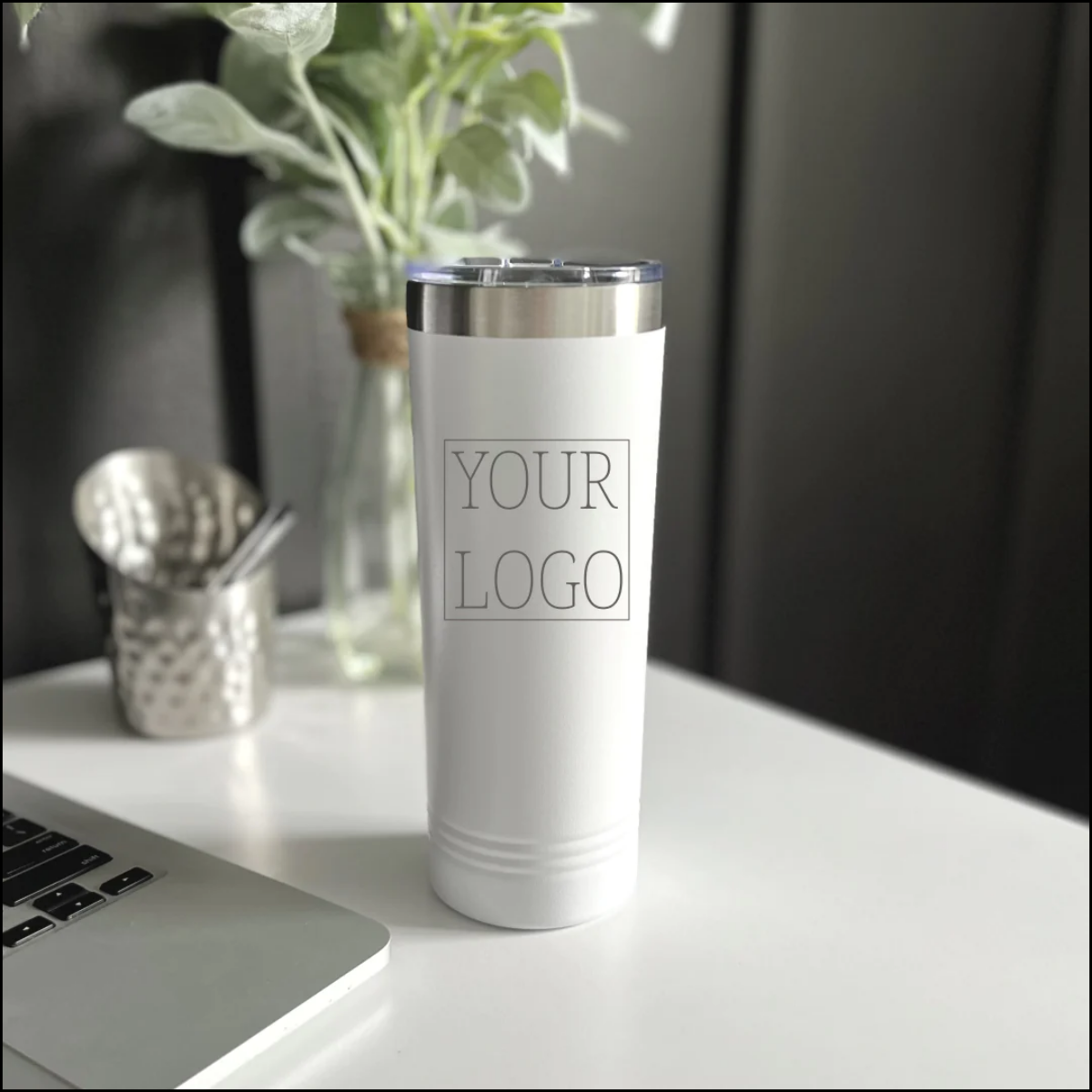 Real Estate logo branded 22 oz skinny tumbler in white with silver engraving