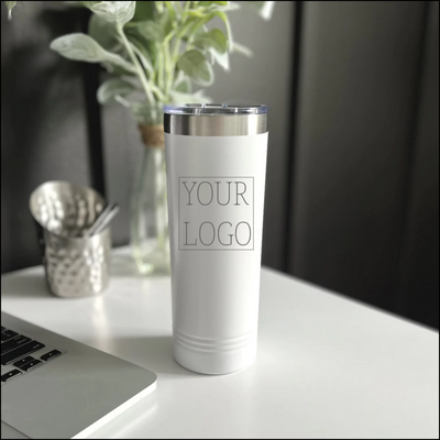 Real Estate logo branded 22 oz skinny tumbler in white with silver engraving