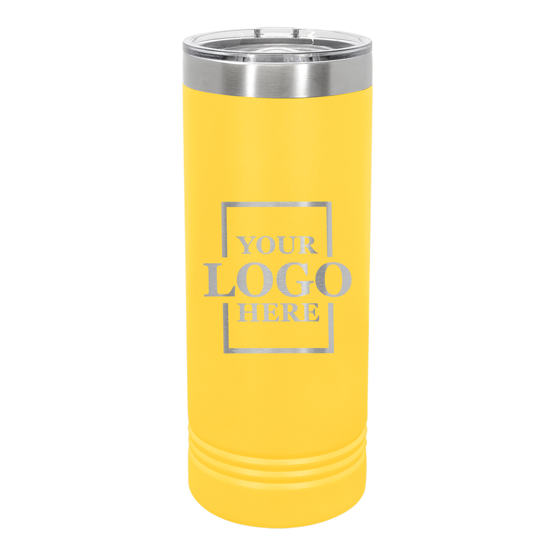 Real Estate logo branded 22 oz skinny tumbler in yellow with silver engraving