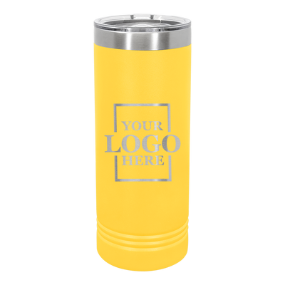 Real Estate logo branded 22 oz skinny tumbler in yellow with silver engraving