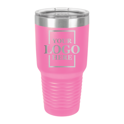 Real Estate logo branded 30 oz tumblers in pink with silver engraving