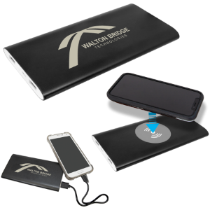 Real estate promotional gift of a branded power bank in black with silver engraving 