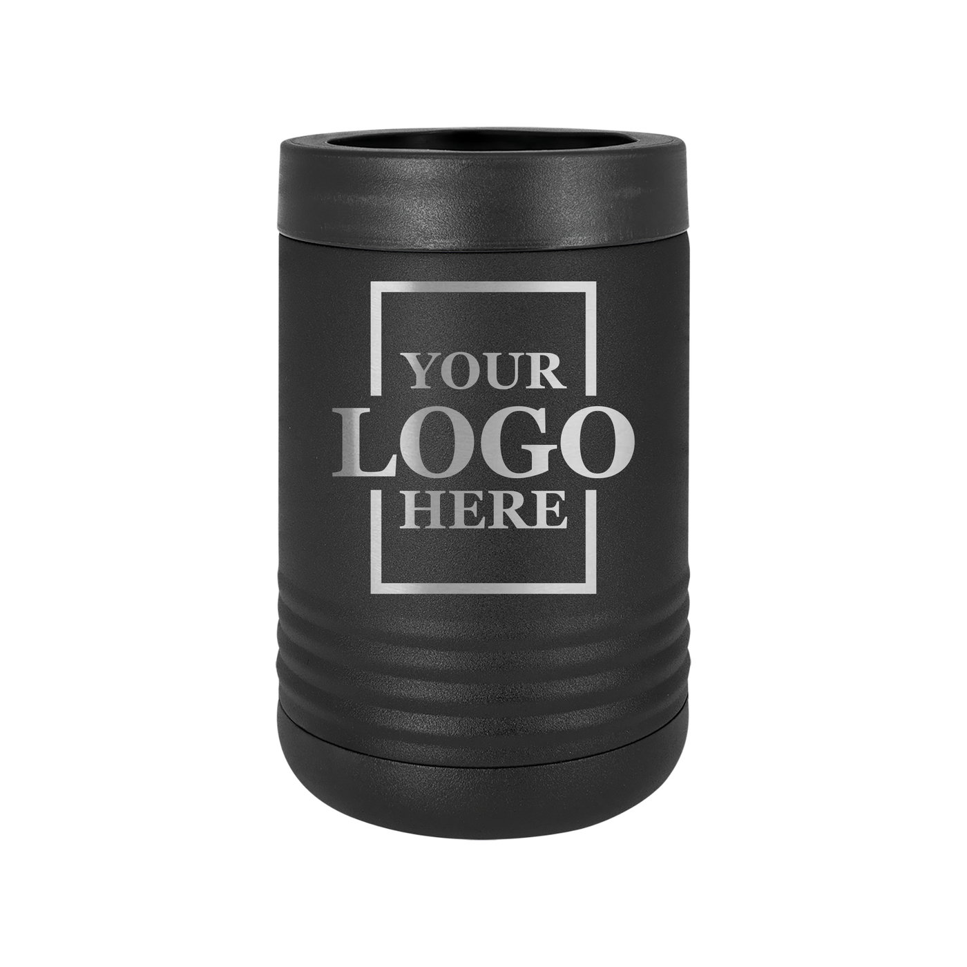 Real estate gift of a branded logo koozie in black with silver engraving