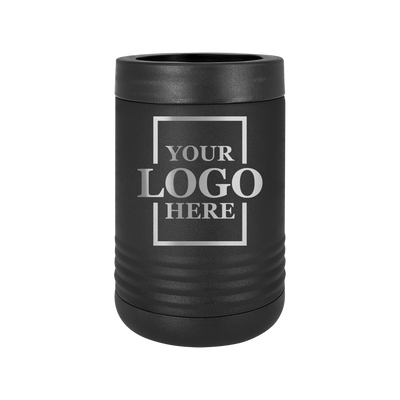 Real estate gift of a branded logo koozie in black with silver engraving