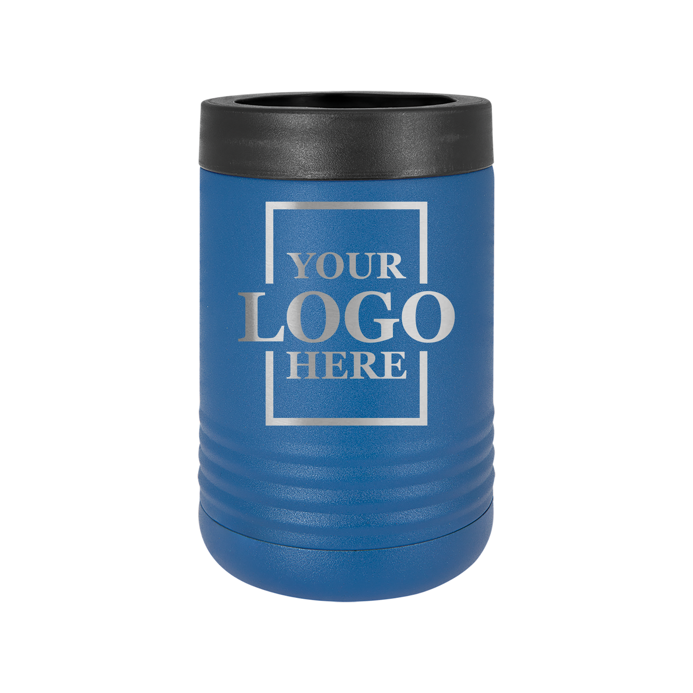 Real estate gift of a branded logo koozie in blue with silver engraving