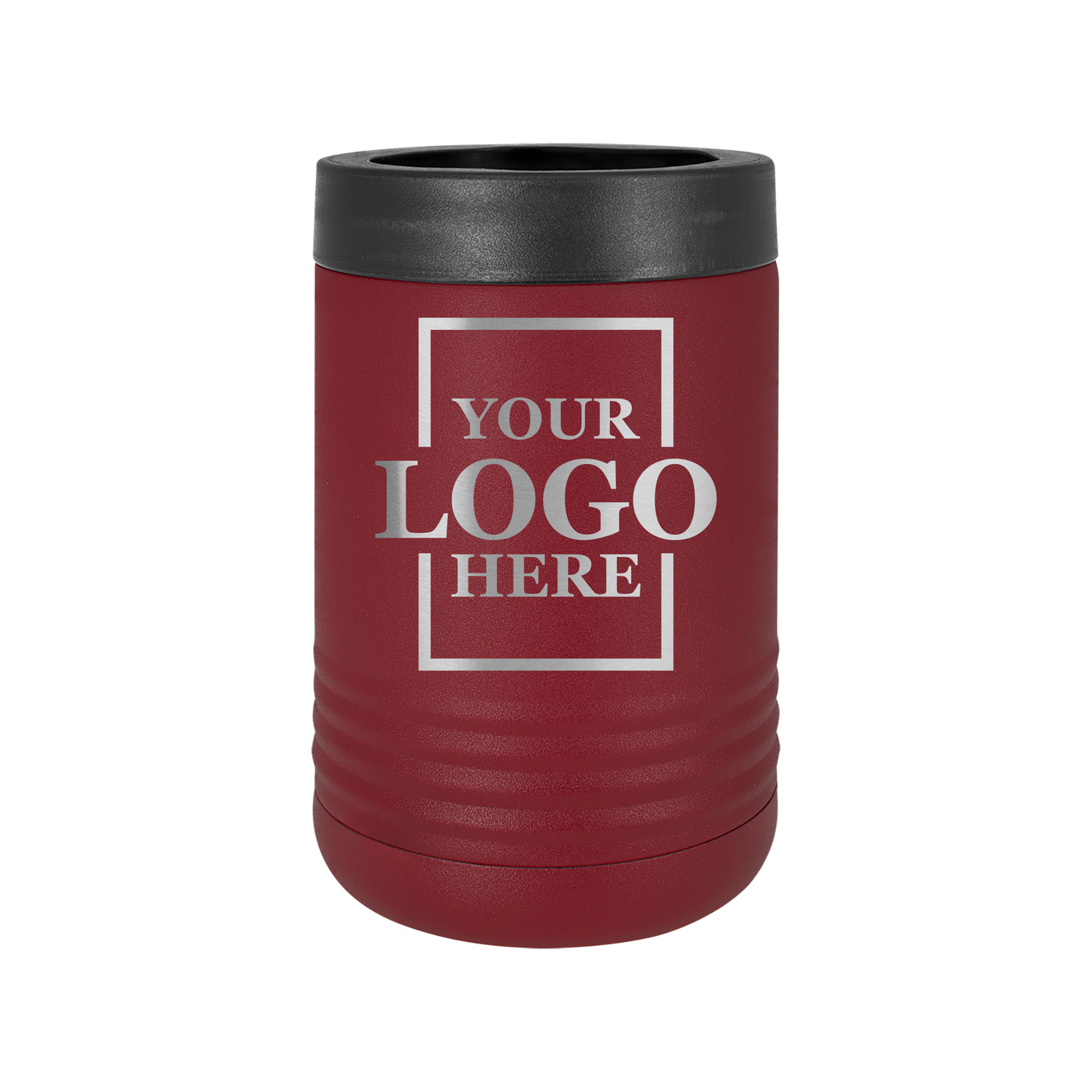 Real estate gift of a branded logo koozie in burgundy with silver engraving