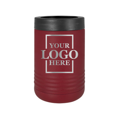 Real estate gift of a branded logo koozie in burgundy with silver engraving