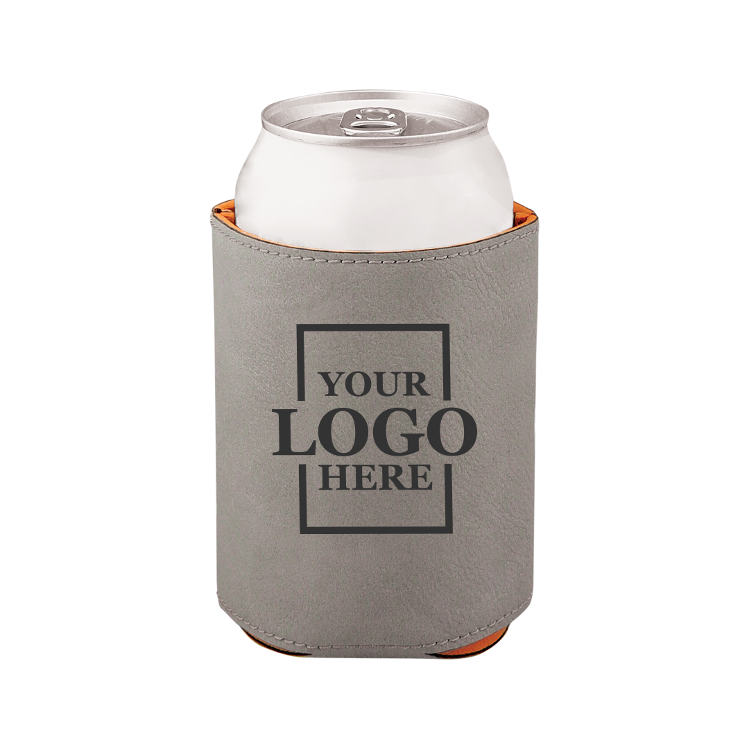 Real estate gift of a branded logo koozie in gray with black engraving