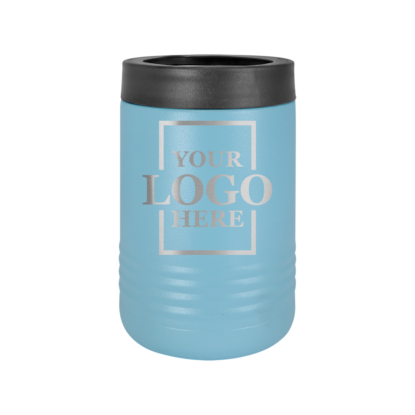 Real estate gift of a branded logo koozie in light blue with silver engraving