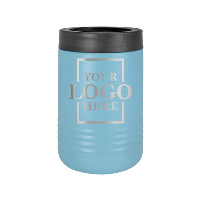 Real estate gift of a branded logo koozie in light blue with silver engraving