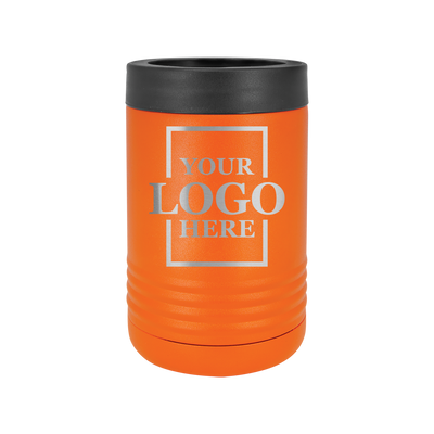 Real estate gift of a branded logo koozie in orange with silver engraving