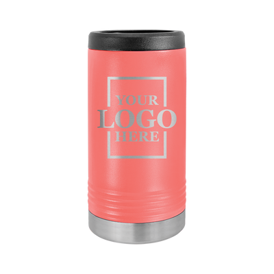 Real estate gift of a branded logo slim koozie in coral with silver engraving