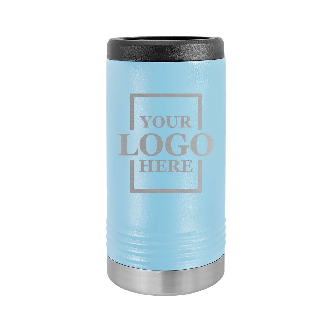 Real estate gift of a branded logo slim koozie in light blue with silver engraving