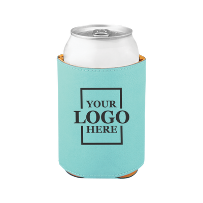 Real estate gift of a branded logo koozie in teal with black engraving