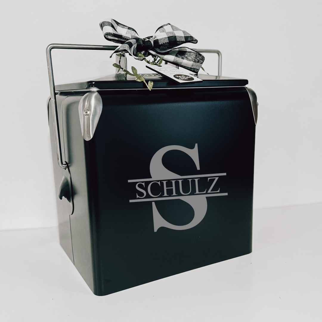 Real Estate gift including black custom cooler with design 1 last name monogram silver engraving