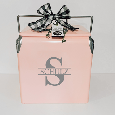 Real Estate gift including pink custom cooler with design 1 last name monogram silver engraving
