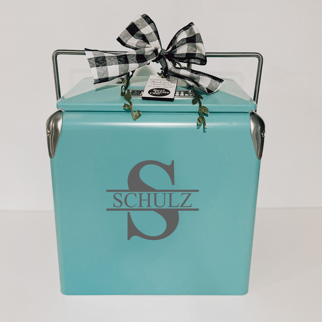 Real Estate gift including teal custom cooler with design 1 last name monogram silver engraving