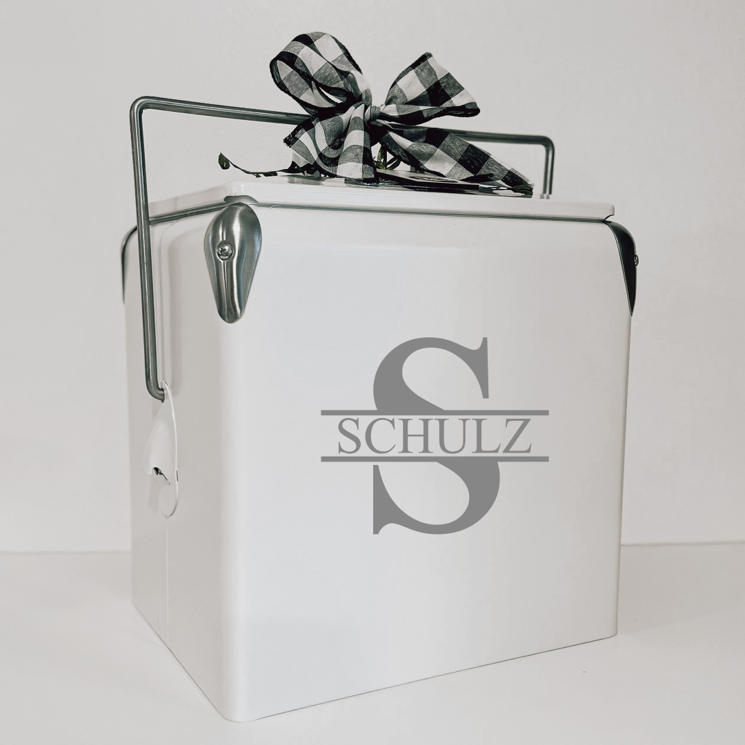 Real Estate gift including white custom cooler with design 1 last name monogram silver engraving