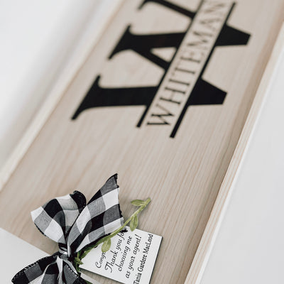 Real estate gift of grill set showing the outside engraved in split monogram design with last name