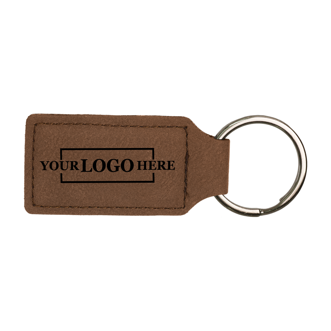 Realtor promotional dark brown branded leatherette keychains with black engraving, shown horizontally