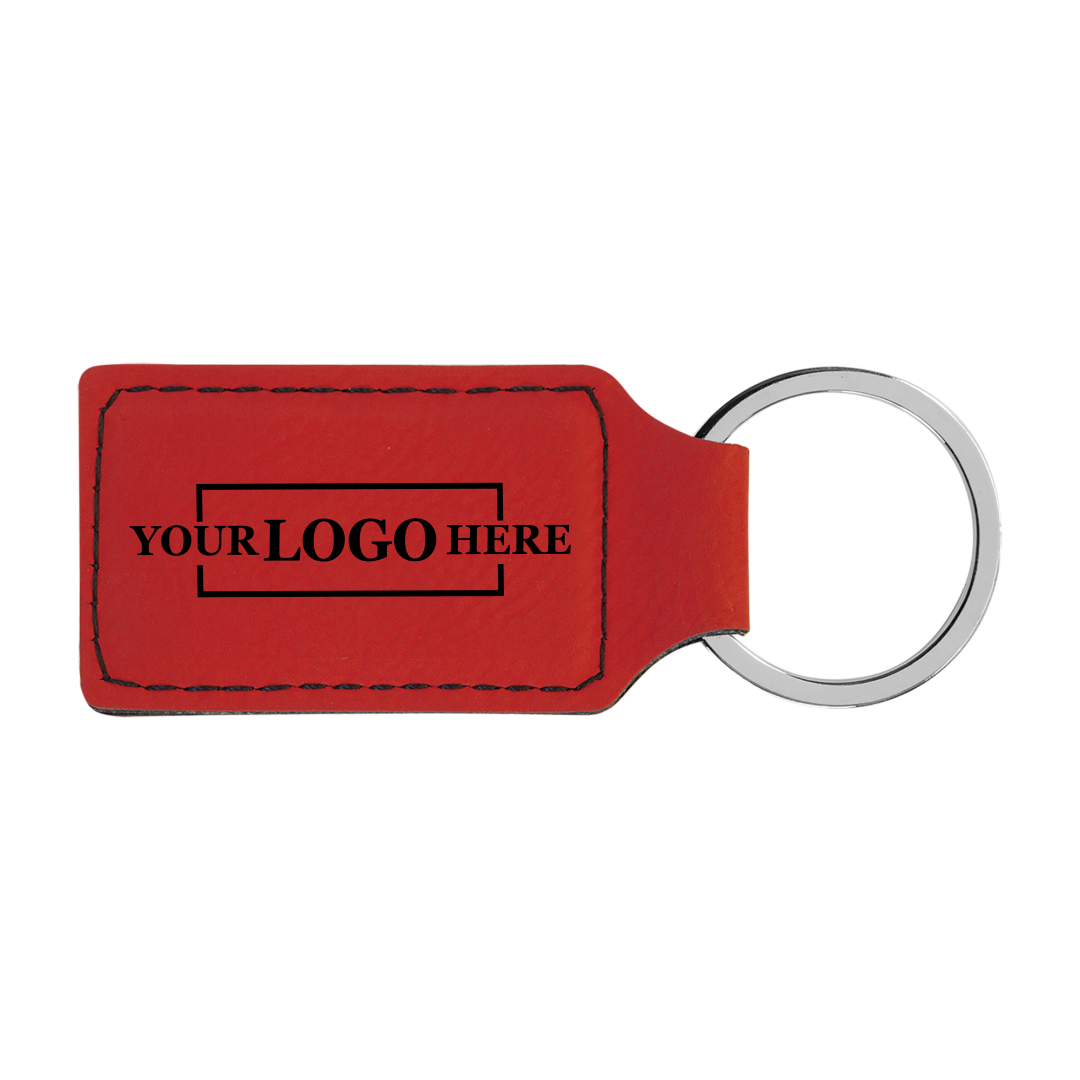 Realtor promotional red branded leatherette keychains with black engraving, shown horizontally