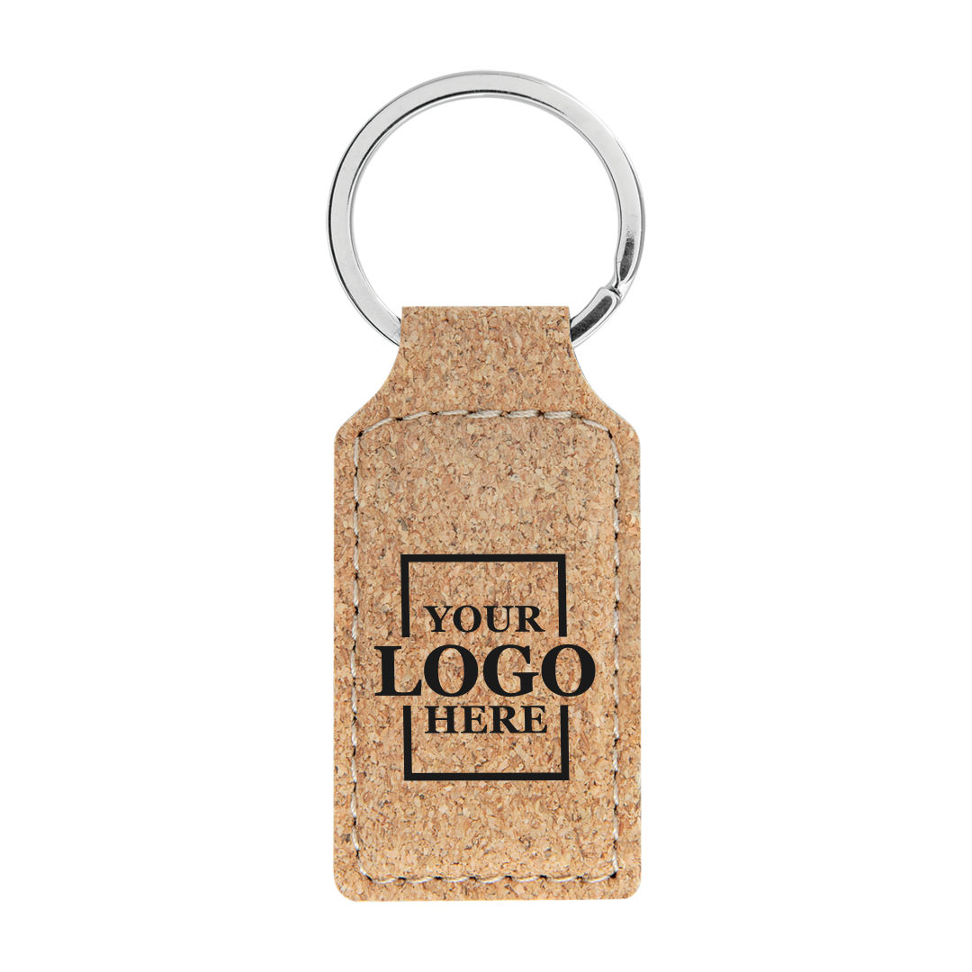 Realtor promotional cork branded leatherette keychains with black engraving, shown vertically