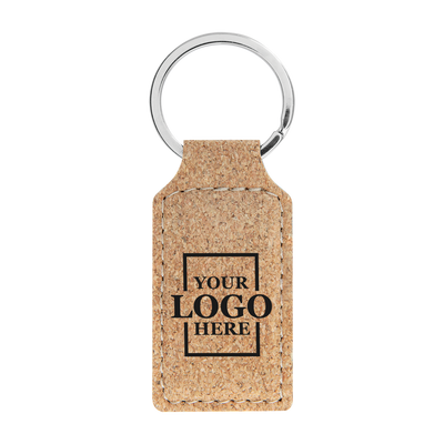 Realtor promotional cork branded leatherette keychains with black engraving, shown vertically