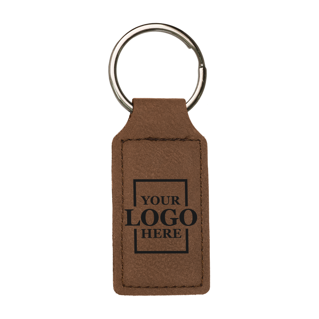 Realtor promotional dark brown branded leatherette keychains with black engraving, shown vertically