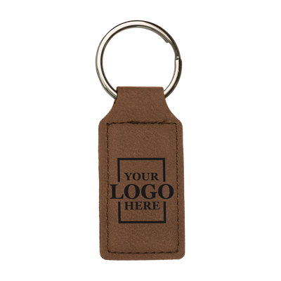 Realtor promotional dark brown branded leatherette keychains with black engraving, shown vertically
