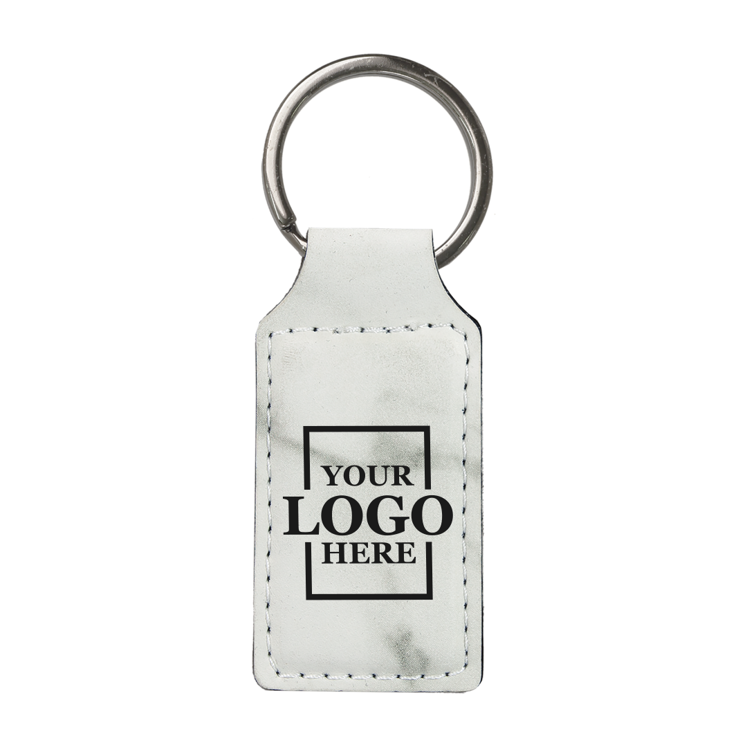 Realtor promotional marble branded leatherette keychains with black engraving, shown vertically