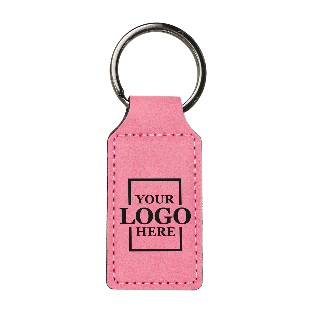 Realtor promotional pink branded leatherette keychains with black engraving, shown vertically
