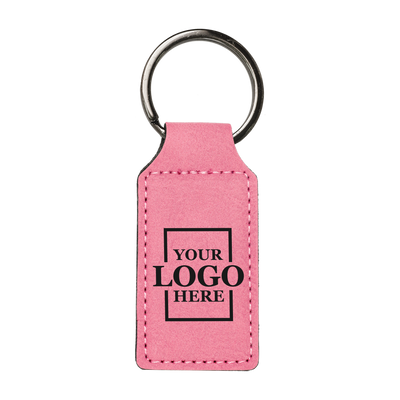 Realtor promotional pink branded leatherette keychains with black engraving, shown vertically