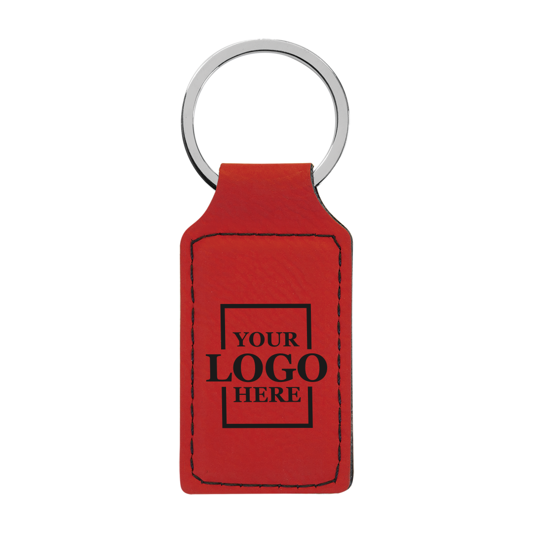 Realtor promotional red branded leatherette keychains with black engraving, shown vertically