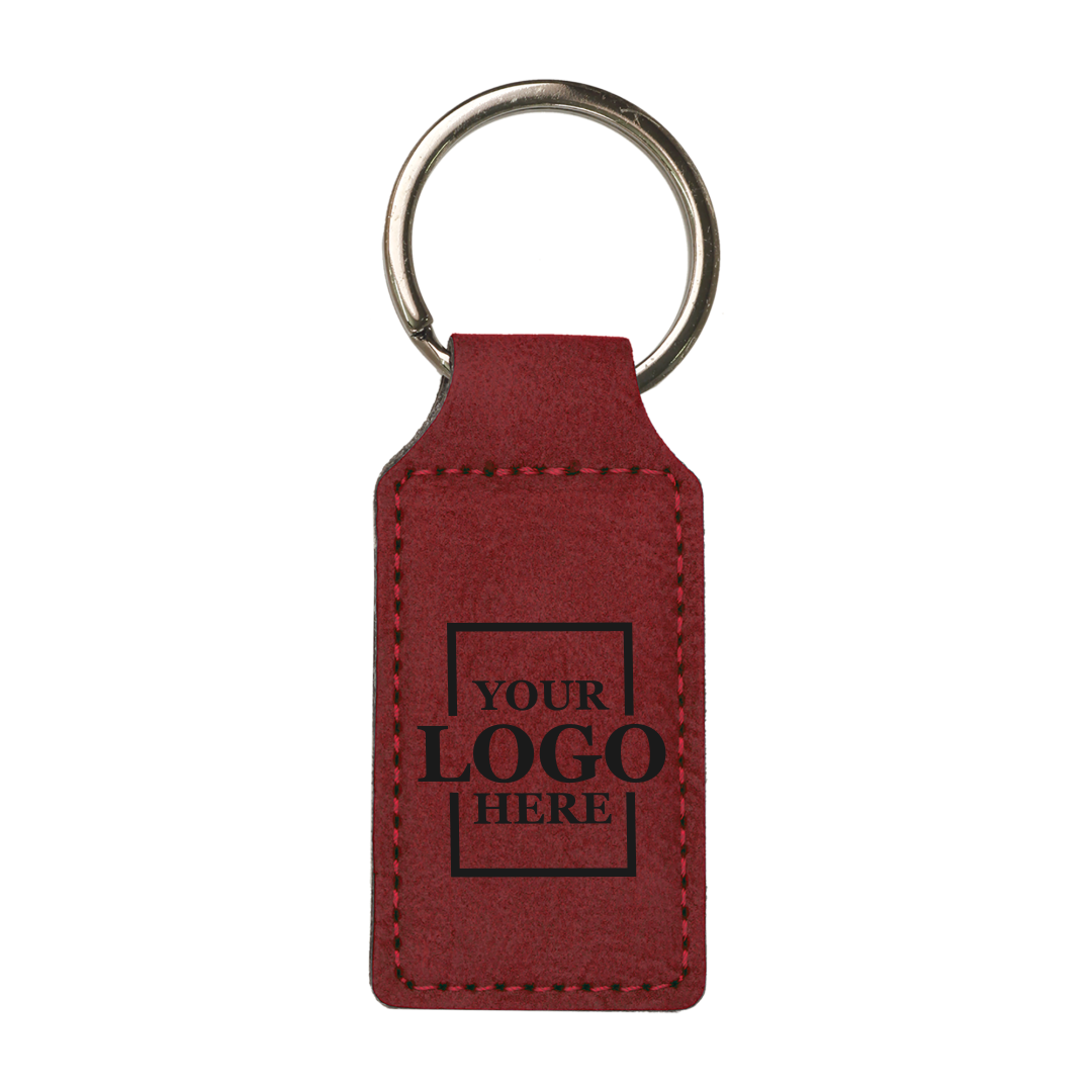 Realtor promotional rose branded leatherette keychains with black engraving, shown vertically