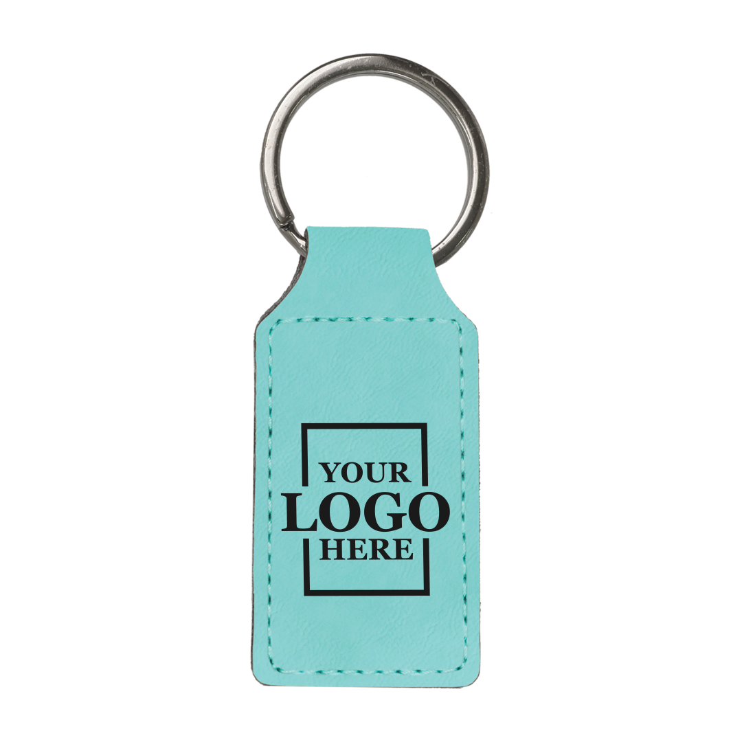Realtor promotional teal branded leatherette keychains with black engraving, shown vertically