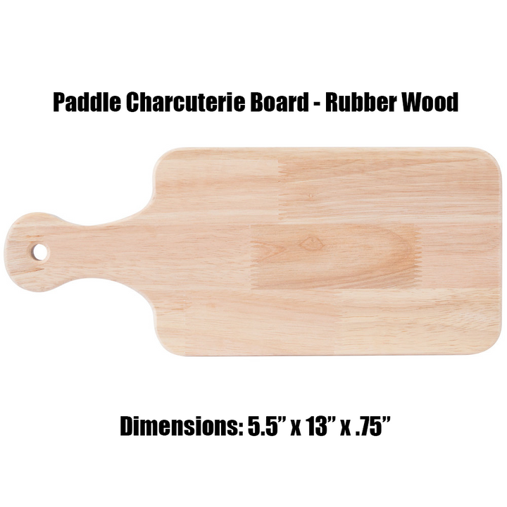 Real estate gift of a large paddle cutting board made of rubber wood 